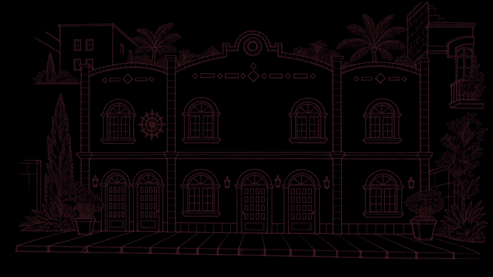 A pencil and watercolour illustration of the house's two-storey wine-coloured facade, with arched windows and doors, palm trees on the roof and flower pots on the sidewalk