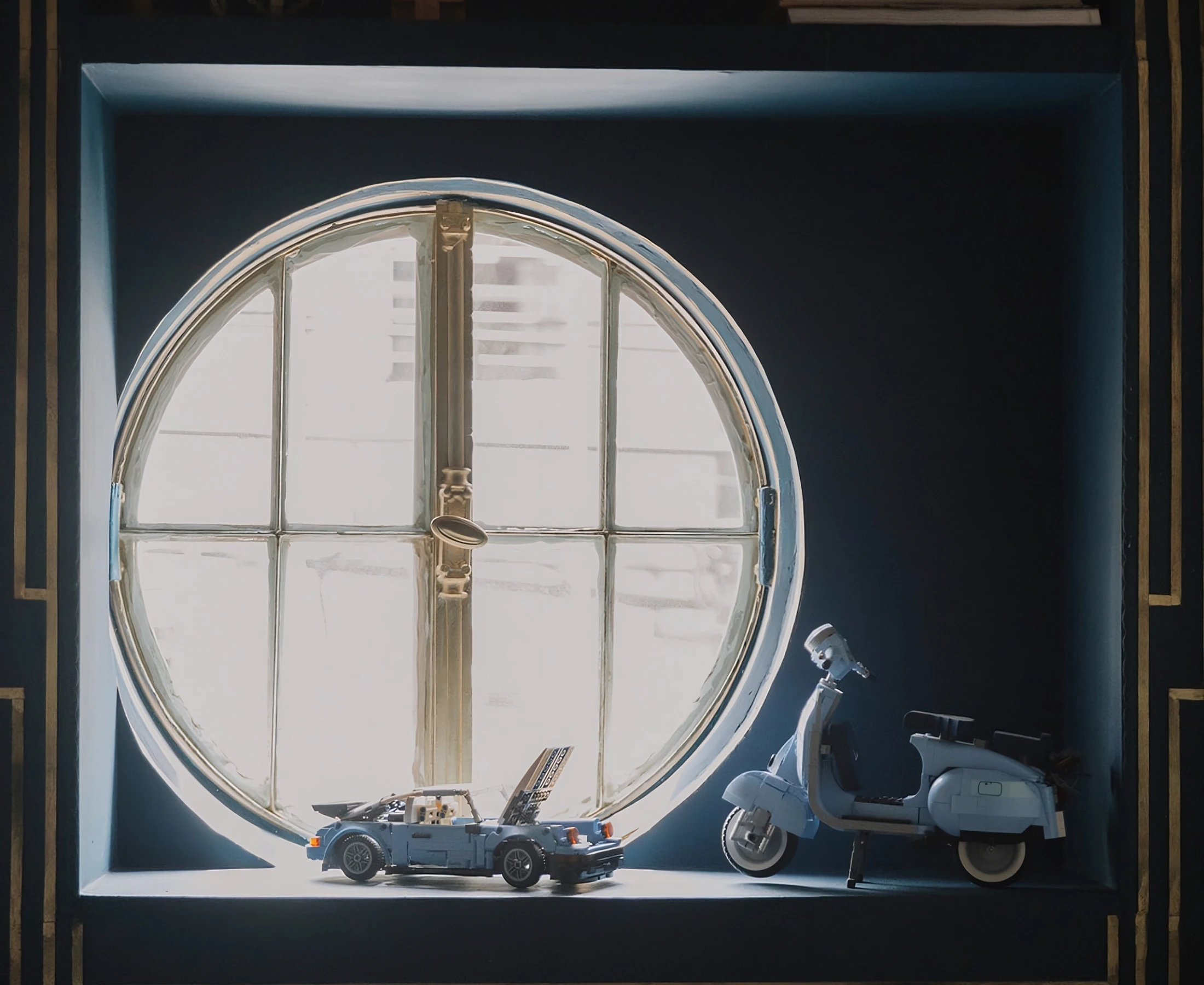 The lobby: a round window above a blue toy car and a Vespa